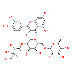 ChemSpider 2D Image | 2-(3,4-Dihydroxyphenyl)-5,7-dihydroxy-4-oxo-4H-chromen-3-yl 6-O-[(4xi)-6-deoxy-alpha-L-lyxo-hexopyranosyl]-2-O-[(2S)-3,4-dihydroxy-4-(hydroxymethyl)tetrahydro-2-furanyl]-alpha-L-galactopyranoside | C32H38O20