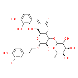ChemSpider 2D Image | 2-(3,4-Dihydroxyphenyl)ethyl (4xi)-3-O-(6-deoxy-L-mannopyranosyl)-4-O-[(2E)-3-(3,4-dihydroxyphenyl)-2-propenoyl]-alpha-L-arabino-hexopyranoside | C29H36O15