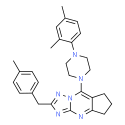 ChemSpider 2D Image | 8-[4-(2,4-Dimethylphenyl)-1-piperazinyl]-2-(4-methylbenzyl)-6,7-dihydro-5H-cyclopenta[d][1,2,4]triazolo[1,5-a]pyrimidine | C28H32N6