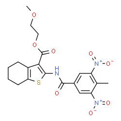 ChemSpider 2D Image | 2-Methoxyethyl 2-[(4-methyl-3,5-dinitrobenzoyl)amino]-4,5,6,7-tetrahydro-1-benzothiophene-3-carboxylate | C20H21N3O8S