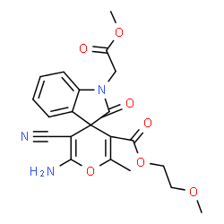 ChemSpider 2D Image | 2-Methoxyethyl 6'-amino-5'-cyano-1-(2-methoxy-2-oxoethyl)-2'-methyl-2-oxo-1,2-dihydrospiro[indole-3,4'-pyran]-3'-carboxylate | C21H21N3O7