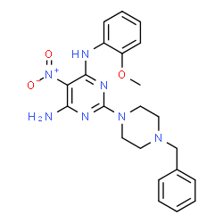 ChemSpider 2D Image | 2-(4-Benzyl-1-piperazinyl)-N-(2-methoxyphenyl)-5-nitro-4,6-pyrimidinediamine | C22H25N7O3
