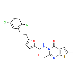 ChemSpider 2D Image | 5-[(2,5-Dichlorophenoxy)methyl]-N-(2,6-dimethyl-4-oxothieno[2,3-d]pyrimidin-3(4H)-yl)-2-furamide | C20H15Cl2N3O4S
