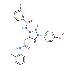 ChemSpider 2D Image | N-[5-{2-[(2,4-Dimethylphenyl)amino]-2-oxoethyl}-3-(4-methoxyphenyl)-4-oxo-2-thioxo-1-imidazolidinyl]-3-fluorobenzamide | C27H25FN4O4S