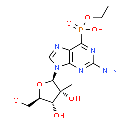ChemSpider 2D Image | 6-[Ethoxy(hydroxy)phosphoryl]-9-(2-C-methyl-beta-D-ribofuranosyl)-9H-purin-2-amine | C13H20N5O7P