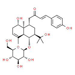 ChemSpider 2D Image | (1R,2R,4S,4aS,5S,8aS)-5-Hydroxy-4-[(3E)-4-(4-hydroxyphenyl)-2-oxo-3-buten-1-yl]-2-(2-hydroxy-2-propanyl)-4a,8-dimethyl-1,2,3,4,4a,5,6,8a-octahydro-1-naphthalenyl beta-D-glucopyranoside | C31H44O10