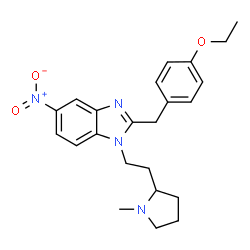 ChemSpider 2D Image | 2-(4-Ethoxybenzyl)-1-[2-(1-methyl-2-pyrrolidinyl)ethyl]-5-nitro-1H-benzimidazole | C23H28N4O3