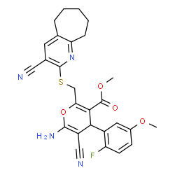 ChemSpider 2D Image | Methyl 6-amino-5-cyano-2-{[(3-cyano-6,7,8,9-tetrahydro-5H-cyclohepta[b]pyridin-2-yl)sulfanyl]methyl}-4-(2-fluoro-5-methoxyphenyl)-4H-pyran-3-carboxylate | C27H25FN4O4S
