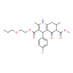 ChemSpider 2D Image | 6-Methyl 3-(2-propoxyethyl) 4-(4-fluorophenyl)-2,7-dimethyl-5-oxo-1,4,5,6,7,8-hexahydro-3,6-quinolinedicarboxylate | C25H30FNO6