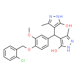 ChemSpider 2D Image | 4,4'-({4-[(2-Chlorobenzyl)oxy]-3-methoxyphenyl}methylene)bis(3-methyl-1H-pyrazol-5-ol) | C23H23ClN4O4