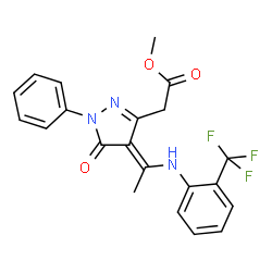 ChemSpider 2D Image | Methyl [(4E)-5-oxo-1-phenyl-4-(1-{[2-(trifluoromethyl)phenyl]amino}ethylidene)-4,5-dihydro-1H-pyrazol-3-yl]acetate | C21H18F3N3O3