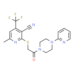 ChemSpider 2D Image | 6-Methyl-2-({2-oxo-2-[4-(2-pyridinyl)-1-piperazinyl]ethyl}sulfanyl)-4-(trifluoromethyl)nicotinonitrile | C19H18F3N5OS