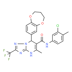 ChemSpider 2D Image | N-(3-Chloro-4-methylphenyl)-7-(3,4-dihydro-2H-1,5-benzodioxepin-7-yl)-5-methyl-2-(trifluoromethyl)-1,7-dihydro[1,2,4]triazolo[1,5-a]pyrimidine-6-carboxamide | C24H21ClF3N5O3