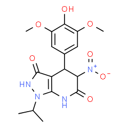 ChemSpider 2D Image | 4-(4-Hydroxy-3,5-dimethoxyphenyl)-1-isopropyl-5-nitro-4,7-dihydro-1H-pyrazolo[3,4-b]pyridine-3,6(2H,5H)-dione | C17H20N4O7