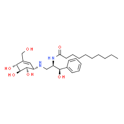 ChemSpider 2D Image | N-[(1R,2R)-1-Hydroxy-1-phenyl-3-{[(1S,4R,5S,6R)-4,5,6-trihydroxy-3-(hydroxymethyl)-2-cyclohexen-1-yl]amino}-2-propanyl]decanamide | C26H42N2O6