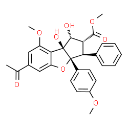 ChemSpider 2D Image | Methyl (1R,2R,3S,3aR,8bS)-6-acetyl-1,8b-dihydroxy-8-methoxy-3a-(4-methoxyphenyl)-3-phenyl-2,3,3a,8b-tetrahydro-1H-benzo[b]cyclopenta[d]furan-2-carboxylate | C29H28O8