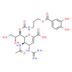 ChemSpider 2D Image | (6R)-5-Acetamido-2,6-anhydro-4-carbamimidamido-3,4,5-trideoxy-6-{(1R,2R)-1-[({3-[(3,4-dihydroxybenzoyl)oxy]propyl}carbamoyl)oxy]-2,3-dihydroxypropyl}-L-threo-hex-2-enonic acid | C23H31N5O12