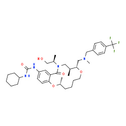 ChemSpider 2D Image | 1-Cyclohexyl-3-[(2R,8R,9S)-11-[(2R)-1-hydroxy-2-propanyl]-2,9-dimethyl-8-({methyl[4-(trifluoromethyl)benzyl]amino}methyl)-12-oxo-3,4,5,6,9,10,11,12-octahydro-2H,8H-1,7,11-benzodioxazacyclotetradecin-1
4-yl]urea | C37H53F3N4O5