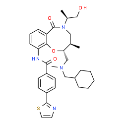 ChemSpider 2D Image | N-[(2R,3R)-2-[[cyclohexylmethyl(methyl)amino]methyl]-5-[(2S)-1-hydroxypropan-2-yl]-3-methyl-6-oxo-3,4-dihydro-2H-1,5-benzoxazocin-10-yl]-4-(2-thiazolyl)benzamide | C33H42N4O4S