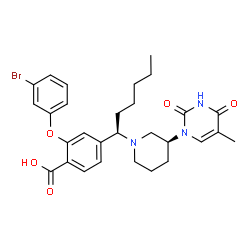 ChemSpider 2D Image | 2-(3-Bromophenoxy)-4-{(1R)-1-[(3S)-3-(5-methyl-2,4-dioxo-3,4-dihydro-1(2H)-pyrimidinyl)-1-piperidinyl]hexyl}benzoic acid | C29H34BrN3O5
