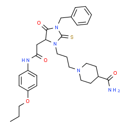 ChemSpider 2D Image | 1-[3-(3-Benzyl-4-oxo-5-{2-oxo-2-[(4-propoxyphenyl)amino]ethyl}-2-thioxo-1-imidazolidinyl)propyl]-4-piperidinecarboxamide | C30H39N5O4S