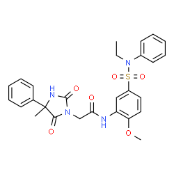 ChemSpider 2D Image | N-{5-[Ethyl(phenyl)sulfamoyl]-2-methoxyphenyl}-2-(4-methyl-2,5-dioxo-4-phenyl-1-imidazolidinyl)acetamide | C27H28N4O6S