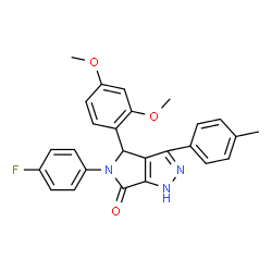 ChemSpider 2D Image | 4-(2,4-Dimethoxyphenyl)-5-(4-fluorophenyl)-3-(4-methylphenyl)-4,5-dihydropyrrolo[3,4-c]pyrazol-6(1H)-one | C26H22FN3O3
