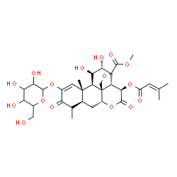 ChemSpider 2D Image | Methyl (4xi,11beta,12alpha,13xi,15beta)-2-(hexopyranosyloxy)-11,12-dihydroxy-15-[(3-methyl-2-butenoyl)oxy]-3,16-dioxo-13,20-epoxypicras-1-en-21-oate | C32H42O16