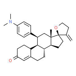 ChemSpider 2D Image | (8R,9S,11S,13S,14S,17R)-11-[4-(Dimethylamino)phenyl]-13-methyl-3'-methylene-1,4',5',6,7,8,9,10,11,12,13,14,15,16-tetradecahydro-3'H-spiro[cyclopenta[a]phenanthrene-17,2'-furan]-3(2H)-one | C30H39NO2