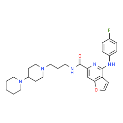 ChemSpider 2D Image | N-[3-(1,4'-Bipiperidin-1'-yl)propyl]-4-[(4-fluorophenyl)amino]furo[3,2-c]pyridine-6-carboxamide | C27H34FN5O2
