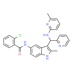 ChemSpider 2D Image | 2-Chloro-N-(2-methyl-3-{[(6-methyl-2-pyridinyl)amino](2-pyridinyl)methyl}-1H-indol-5-yl)benzamide | C28H24ClN5O