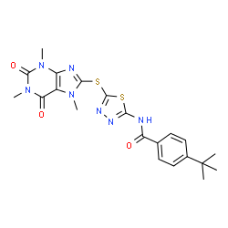 ChemSpider 2D Image | 4-(2-Methyl-2-propanyl)-N-{5-[(1,3,7-trimethyl-2,6-dioxo-2,3,6,7-tetrahydro-1H-purin-8-yl)sulfanyl]-1,3,4-thiadiazol-2-yl}benzamide | C21H23N7O3S2