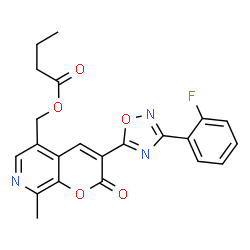 ChemSpider 2D Image | {3-[3-(2-Fluorophenyl)-1,2,4-oxadiazol-5-yl]-8-methyl-2-oxo-2H-pyrano[2,3-c]pyridin-5-yl}methyl butyrate | C22H18FN3O5
