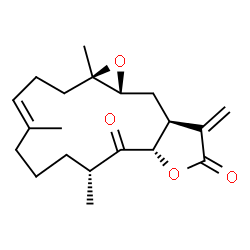 ChemSpider 2D Image | (1aR,4E,9R,10aS,13aS,14aR)-1a,5,9-Trimethyl-13-methylene-2,3,6,7,8,9,13,13a,14,14a-decahydrooxireno[4,5]cyclotetradeca[1,2-b]furan-10,12(1aH,10aH)-dione | C20H28O4