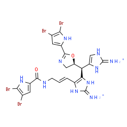 ChemSpider 2D Image | 4-{(S)-(2-Ammonio-1H-imidazol-4-yl)[(5S)-2-(4,5-dibromo-1H-pyrrol-2-yl)-4,5-dihydro-1,3-oxazol-5-yl]methyl}-5-[(1E)-3-{[(4,5-dibromo-1H-pyrrol-2-yl)carbonyl]amino}-1-propen-1-yl]-1H-imidazol-2-aminium | C22H22Br4N10O2