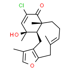 ChemSpider 2D Image | (5E,8aR,12R,12aR)-10-Chloro-12-hydroxy-1,5,8a,12-tetramethyl-4,8,8a,12,12a,13-hexahydrobenzo[4,5]cyclodeca[1,2-b]furan-9(7H)-one | C20H25ClO3