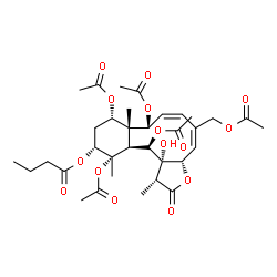 ChemSpider 2D Image | (1R,3aS,4E,6Z,8R,8aR,9S,11R,12S,12aS,13R,13aS)-8,9,12,13-Tetraacetoxy-5-(acetoxymethyl)-13a-hydroxy-1,8a,12-trimethyl-2-oxo-1,2,3a,8,8a,9,10,11,12,12a,13,13a-dodecahydrobenzo[4,5]cyclodeca[1,2-b]furan
-11-yl butyrate | C34H46O15