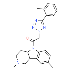 ChemSpider 2D Image | 1-(2,8-Dimethyl-1,2,3,4,4a,9b-hexahydro-5H-pyrido[4,3-b]indol-5-yl)-2-[5-(2-methylphenyl)-2H-tetrazol-2-yl]ethanone | C23H26N6O