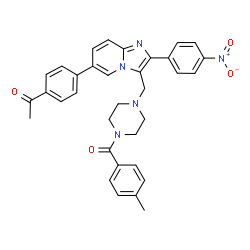 ChemSpider 2D Image | 1-{4-[3-{[4-(4-Methylbenzoyl)-1-piperazinyl]methyl}-2-(4-nitrophenyl)imidazo[1,2-a]pyridin-6-yl]phenyl}ethanone | C34H31N5O4