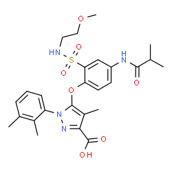 ChemSpider 2D Image | 1-(2,3-Dimethylphenyl)-5-{4-(isobutyrylamino)-2-[(2-methoxyethyl)sulfamoyl]phenoxy}-4-methyl-1H-pyrazole-3-carboxylic acid | C26H32N4O7S