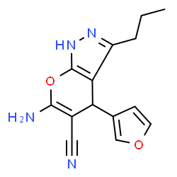 ChemSpider 2D Image | 6-Amino-4-(3-furyl)-3-propyl-1,4-dihydropyrano[2,3-c]pyrazole-5-carbonitrile | C14H14N4O2