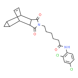 ChemSpider 2D Image | N-(2,4-Dichlorophenyl)-6-(3,5-dioxo-4-azatetracyclo[5.3.2.0~2,6~.0~8,10~]dodec-11-en-4-yl)hexanamide | C23H24Cl2N2O3
