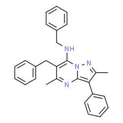 ChemSpider 2D Image | N,6-Dibenzyl-2,5-dimethyl-3-phenylpyrazolo[1,5-a]pyrimidin-7-amine | C28H26N4