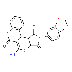 ChemSpider 2D Image | 5-Amino-2-(1,3-benzodioxol-5-yl)-11b,11c-dihydro-6H-chromeno[4',3':4,5]thiopyrano[2,3-c]pyrrole-1,3,6(2H,3aH)-trione | C21H14N2O6S