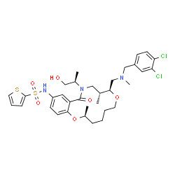 ChemSpider 2D Image | N-{(2S,8S,9R)-8-{[(3,4-Dichlorobenzyl)(methyl)amino]methyl}-11-[(2R)-1-hydroxy-2-propanyl]-2,9-dimethyl-12-oxo-3,4,5,6,9,10,11,12-octahydro-2H,8H-1,7,11-benzodioxazacyclotetradecin-14-yl}-2-thiophenes
ulfonamide | C33H43Cl2N3O6S2