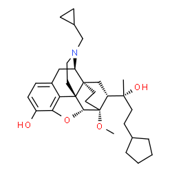 ChemSpider 2D Image | (5alpha,6beta,14beta,18R)-18-[(2R)-4-Cyclopentyl-2-hydroxy-2-butanyl]-17-(cyclopropylmethyl)-6-methoxy-18,19-dihydro-4,5-epoxy-6,14-ethenomorphinan-3-ol | C32H45NO4