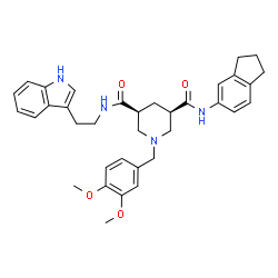 ChemSpider 2D Image | (3R,5S)-N-(2,3-Dihydro-1H-inden-5-yl)-1-(3,4-dimethoxybenzyl)-N'-[2-(1H-indol-3-yl)ethyl]-3,5-piperidinedicarboxamide | C35H40N4O4