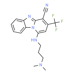 ChemSpider 2D Image | 1-{[3-(Dimethylamino)propyl]amino}-3-(trifluoromethyl)pyrido[1,2-a]benzimidazole-4-carbonitrile | C18H18F3N5