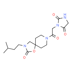 ChemSpider 2D Image | 3-{2-[3-(3-Methylbutyl)-2-oxo-1-oxa-3,8-diazaspiro[4.5]dec-8-yl]-2-oxoethyl}-2,4-imidazolidinedione | C17H26N4O5