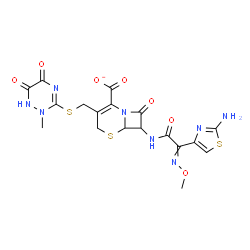 ChemSpider 2D Image | 7-{[(2-Amino-1,3-thiazol-4-yl)(methoxyimino)acetyl]amino}-3-{[(2-methyl-5,6-dioxo-1,2,5,6-tetrahydro-1,2,4-triazin-3-yl)sulfanyl]methyl}-8-oxo-5-thia-1-azabicyclo[4.2.0]oct-2-ene-2-carboxylate | C18H17N8O7S3
